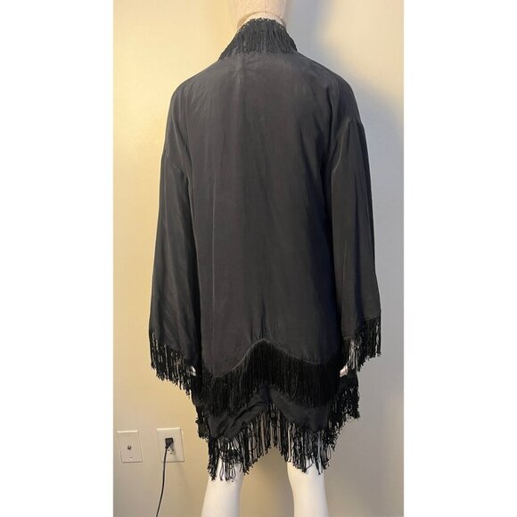 RARE!  WINTER KATE BLACK VINTAGE SILK FRINGE BOHO STEVIE KIMONO JACKET - Picture 7 of 9